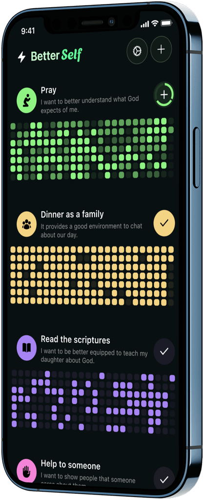Better Self app showing daily habit tracking grid with green tiles marking completed days